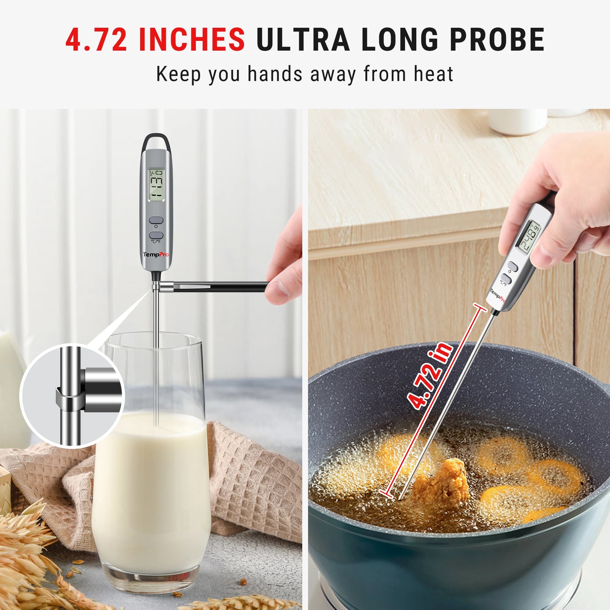 TempPro IC6016 Digital Instant Read Meat Thermometer, Cooking Food Thermometer with 4.7in Long Probe for Grill Kitchen and Oven