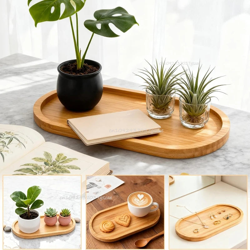 Bamboo Tray Set – Multi-Shape Wood Coaster & Plant Pot Tray
