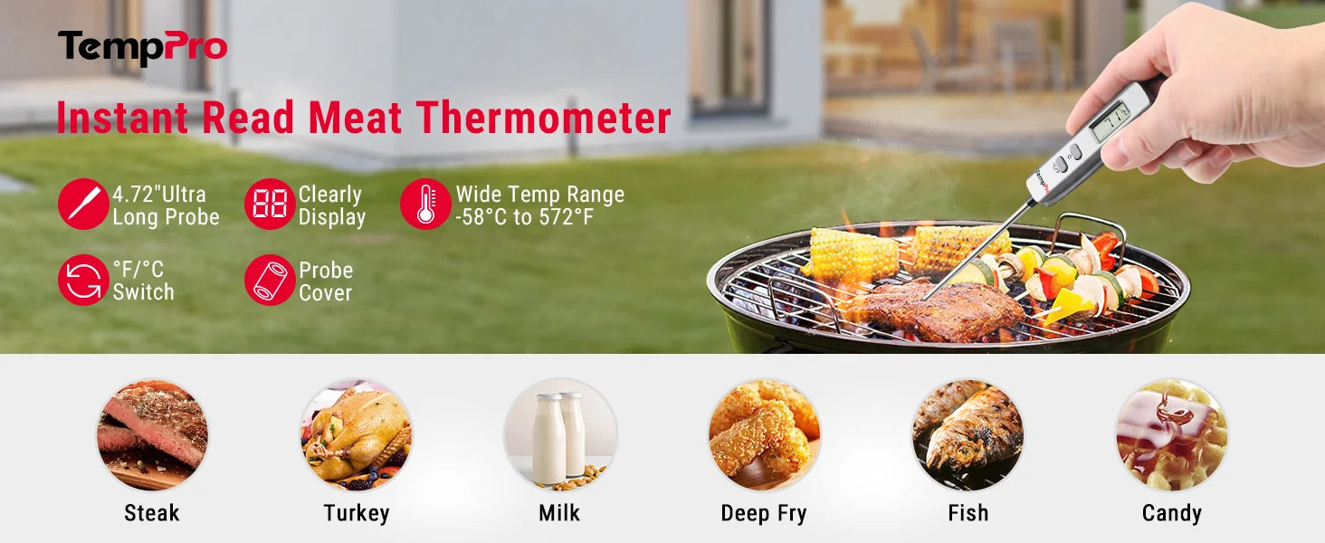 TempPro IC6016 Digital Instant Read Meat Thermometer, Cooking Food Thermometer with 4.7in Long Probe for Grill Kitchen and Oven