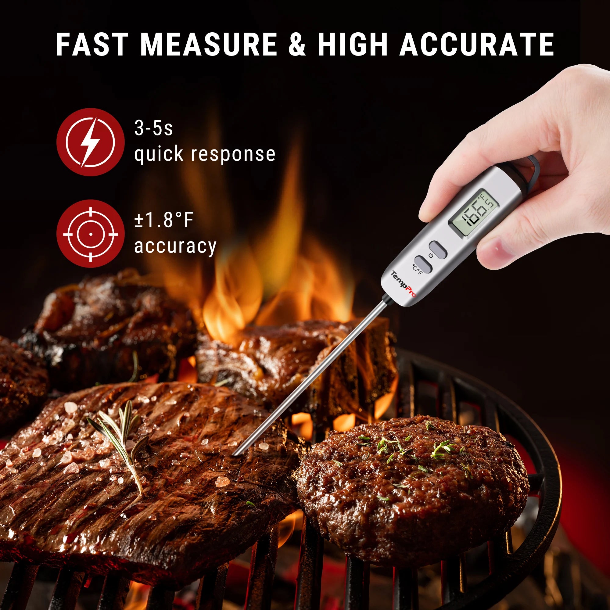 TempPro IC6016 Digital Instant Read Meat Thermometer, Cooking Food Thermometer with 4.7in Long Probe for Grill Kitchen and Oven