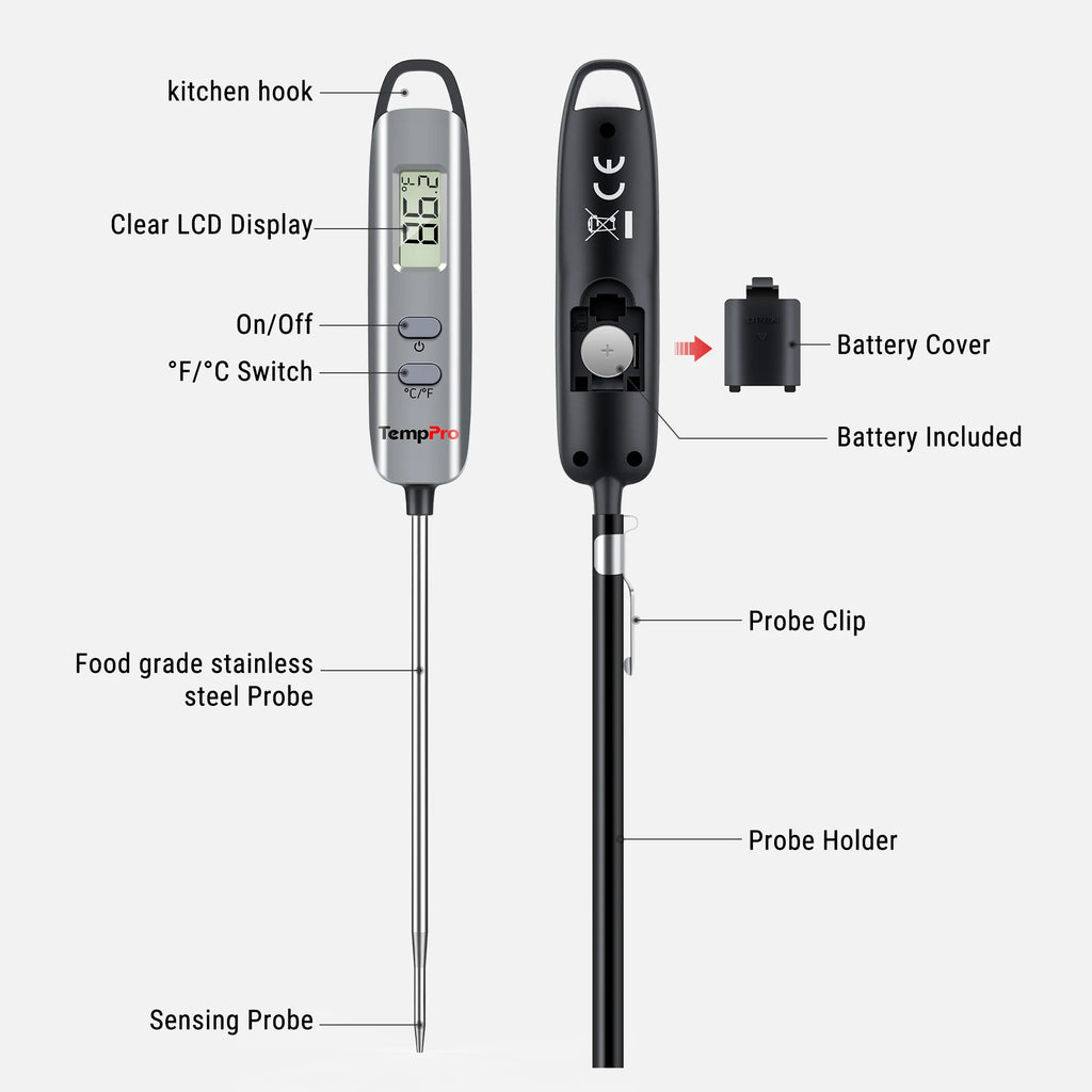 TempPro IC6016 Digital Instant Read Meat Thermometer, Cooking Food Thermometer with 4.7in Long Probe for Grill Kitchen and Oven