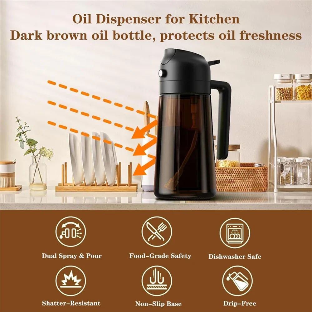 2-in-1 Glass Oil Dispenser & Sprayer | 16oz Leakproof Olive Oil Bottle for Cooking, Air Fryer & BBQ